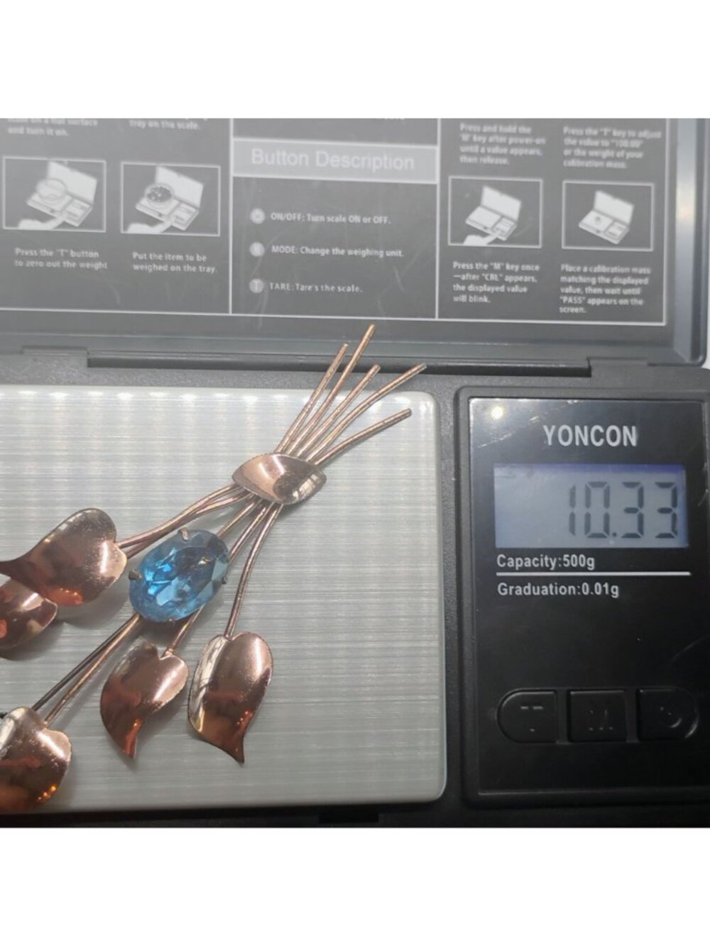 Vtg Sterling by Jordan Gold Vermeil w/Blue Rhinestone Leaf Bouquet Brooch Large - Picture 6 of 6